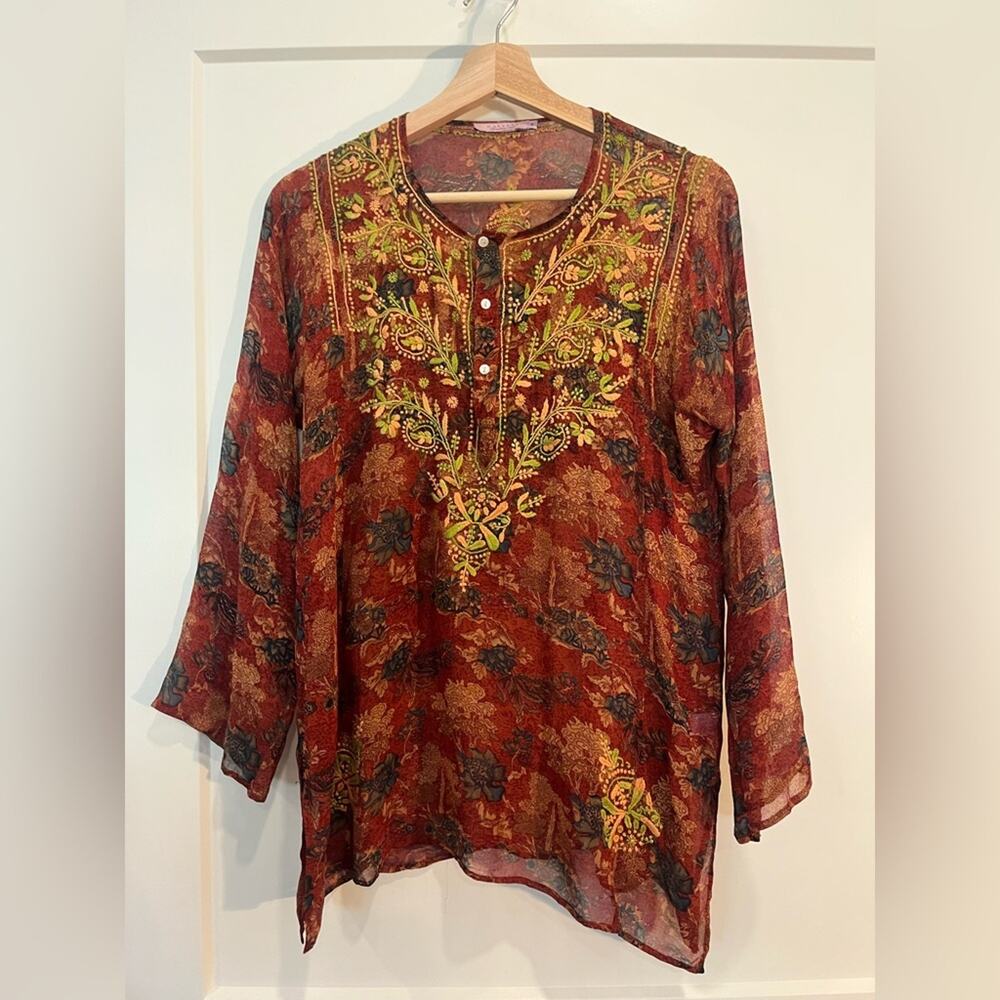 Calypso Christiane Celle embroidered floral Paisley silk boho Lagenlook top sz S